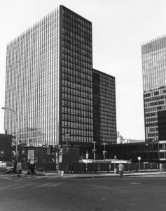 Westmount Square is shown in a photograph of the northeast corner of Greene and St. Catherine by Aline Gubbay in 1979. Photo Credit: WHA Archives